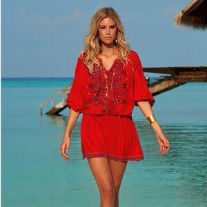 Melissa Odabash Red Nadja Embroidered Short Mini Women's Dress size Small‎